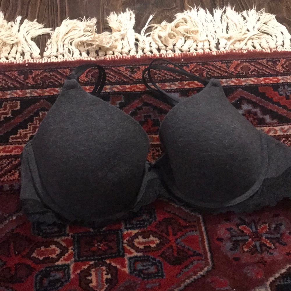 Aerie bra, gray with black straps lace band edging